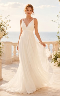 Vestido de novia de gasa para playa, corte en A, escote en V, sin mangas, cola larga, espalda baja en V.