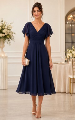 Vestido midi de gasa azul marino oscuro con escote en V y mangas con volantes
