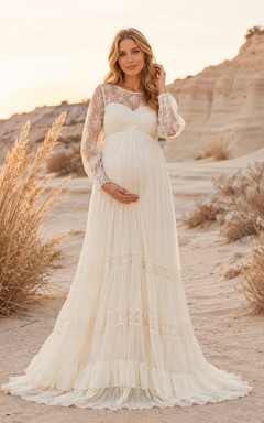 Maternity Long Sleeve Lace Tiered Desert Wedding Dress