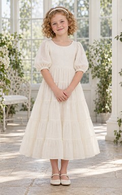 Modest Country Tea-length Ivory Balloon Sleeve Tiered Gauze Flower Girl Dress