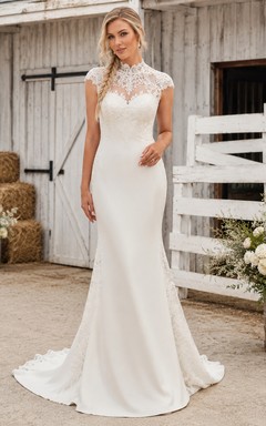 Robe de mariée sirène en satin satiné, col montant, sans manches, dentelle, dos nu en forme de goutte, style champêtre, avec traîne chapelle