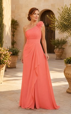 Korallenfarbenes, einseitig schulterfreies Chiffon-A-Linien-Kleid mit seitlicher Drapierung