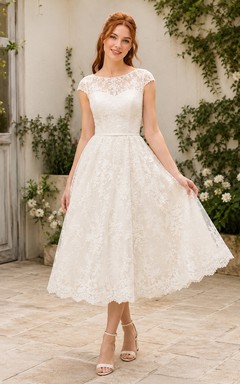 White Lace Scoop Neck Cap Sleeve A-Line Tea-length Romantic Elegant Garden Reception Dress