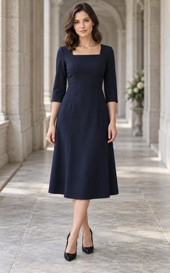 Robe midi trapèze bleu marine foncé, col carré et manches courtes.