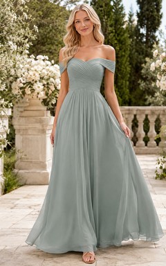Celadon Harmony A-Line Floor-Length Off-Shoulder Short-Sleeve Chiffon Romantic Bridesmaid Dress