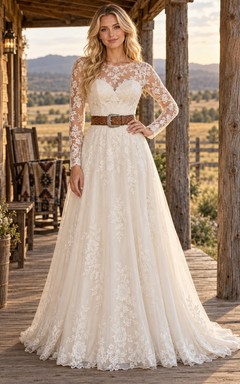 Country Boho Long Sleeve A-Line Lace Tulle Wedding Dress with Jewel Neckline and Western Belt