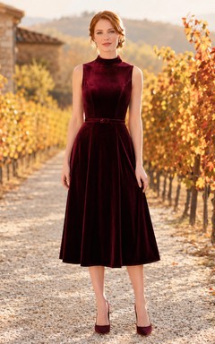 Burgundy Sleeveless High Neck Velvet Fall Occasion Midi Dress