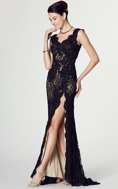 Floor-Length V-Neck Appliqued Sleeveless Lace Prom Dress With Split Front