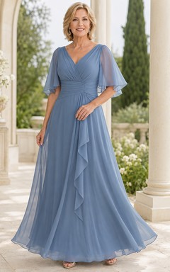 Schieferblaues Chiffon-Kleid in A-Linie mit V-Ausschnitt und Volantärmeln