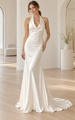 Simple Halter Cowl Satin Backless Sheath Sweep Train Wedding Dress