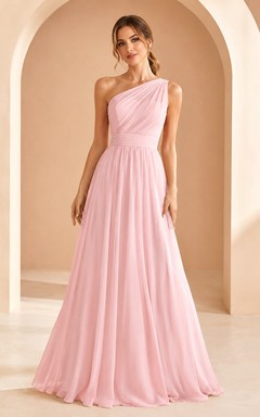 Rosafarbenes, schulterfreies Chiffon-Abendkleid in A-Linie, schlicht und bodenlang, für Damen