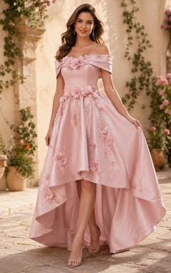 Blush Off-Shoulder Floral Applique Satin A-Line High-Low Court Train Prom Dress