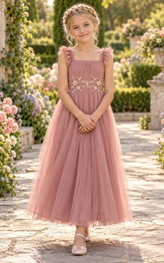 Dusty Rose Square Neck Ruffle Strap Floral Flower Girl Dress