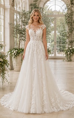 Lace Tulle Wedding Dress A-Line V-Neck Sleeveless Sweep Train Low V Back Bridal Gown