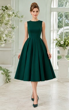Vestido de cóctel vintage de satén plisado sin mangas con cuello alto, color verde oscuro