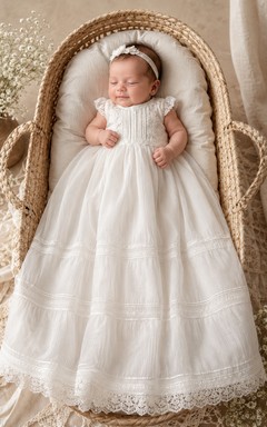 Baby Baptism Christening Ceremony Gown A-Line Floor-Length Jewel Neck Sleeveless Satin Lace Bow Back Button Back