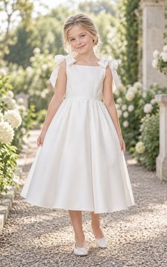 Simple Tea-length Square Neck White Sleeveless Shoulder Bow Gathered Satin Natural Waist Flowergirl Dress