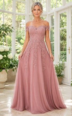 MOB-Kleid aus altrosafarbener Spitze und Tüll, A-Linie, kurze Ärmel, schulterfrei, bodenlang