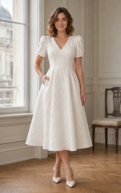 Courthouse Spitzen-Brautkleid mit kurzen Ärmeln, V-Ausschnitt, Vintage-Stil, schlichter A-Linien-Schnitt, Teelänge