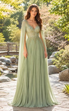Sage chiffon A-line gown with lace bodice and cape sleeves