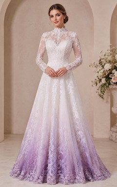 Lavendelfarbenes Ombré-Brautkleid in A-Linie aus Spitze mit hohem Kragen, langen Ärmeln und Kapellenschleppe, schlicht und elegant