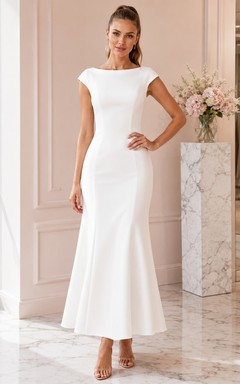 White Guest Mermaid Jersey Bateau Cap Sleeve Ankle-Length Modern Elegant Dress