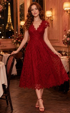 Red Lace Cap Sleeve Full Midi Valentine Dinner Dress
