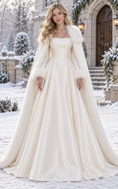 Vestido de novia de corte A con cuello cuadrado, manga larga, ribete de felpa y satén.