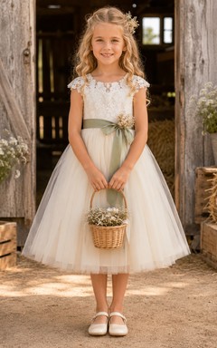 Boho Tea-Length A-Line Country Flower Girl Lace Tulle Sage Sash Cap Sleeve Jewel Neck Dress