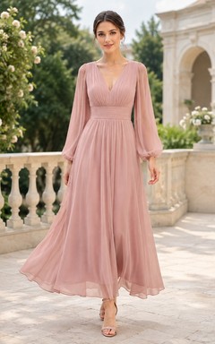 Dusty Rose V-Neck Long Poet Sleeve Chiffon A-Line Floor-Length Modest Evening Dress