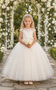 Flower Girl Dress Ivory Lace Tulle A-Line Short Sleeve Scoop Neck Tea Length