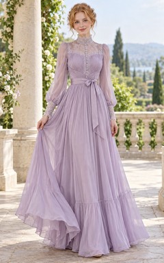 Vintage Edwardian High Neck Long Sleeve Lavender Lace Chiffon Evening Dress