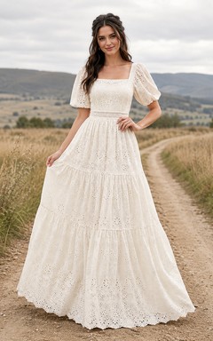 Country Lace Wedding Dress A-Line Square Neck Short Sleeve Sweep Train Bridal Gown