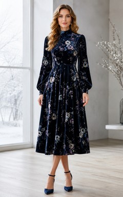 Vestido midi de corte A con cuello alto y mangas largas de terciopelo azul marino con estampado floral