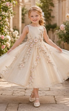 A-Line Couture Flower Girl Dress with Sleeveless Bodice, Radiating Hand Appliques, Full Tulle Skirt, Beaded Waist, Couture Style