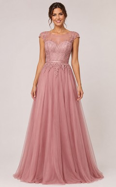 Tüll-Abendkleid in Altrosa, bodenlanges A-Linien-Kleid in Juwelentönen mit Applikationen und Spitze