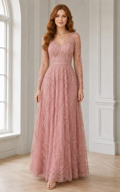 Dusty Rose Lace Jewel Neck Long Sleeve A-Line Floor-Length Romantic Bridesmaid Gown