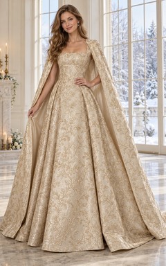 Goldfarbenes, ärmelloses, gemustertes Brokat-Cape mit quadratischem Ausschnitt und A-Linien-Brautkleid