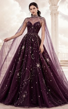 Pflaumenfarbenes Ballkleid aus Tüll mit Illusionsärmeln und Sternenverzierungen
