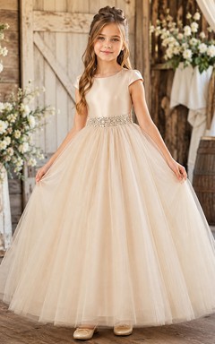 Satin Bodice Tulle A-Line Flower Girl Dress with Jewel Neck, Tea-Length Skirt and Sash Detail