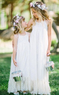 Vestido largo de encaje con escote halter, corte imperio y bajo plisado para niña de las flores.