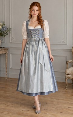 Dirndl vintage champêtre argenté à col carré et manches bouffantes en satin, tablier