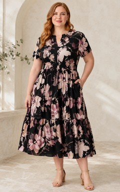Floral Plus-Size Chiffon V-Neck Short-Sleeve A-Line Tea-Length Dress