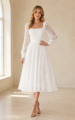 Weißes, romantisches Abendkleid mit eckigem Ausschnitt, langen Ärmeln, Spitze, A-Linie und Teelänge