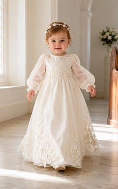 Floral Applique Baptism Gown A-Line Tulle Lace Long Sleeve Side Applique