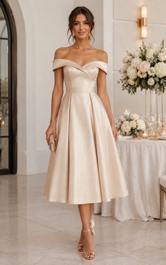 Champagne Off-the-Shoulder Tea-Length Satin Formal Dress