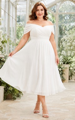 Plus Size White Off Shoulder Short Sleeve A Line Midi Dress