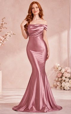 Dusty Rose Off-the-shoulder Short Sleeve Ruched Satin Mermaid Sweep Train Gown