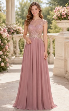 Vestido de dama de honor juvenil color rosa empolvado, corte en A, manga corta tipo casquillo, bordado.