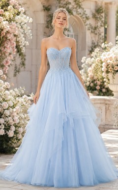 Baby Blue Strapless Layered Tulle Quinceanera Ball Gown